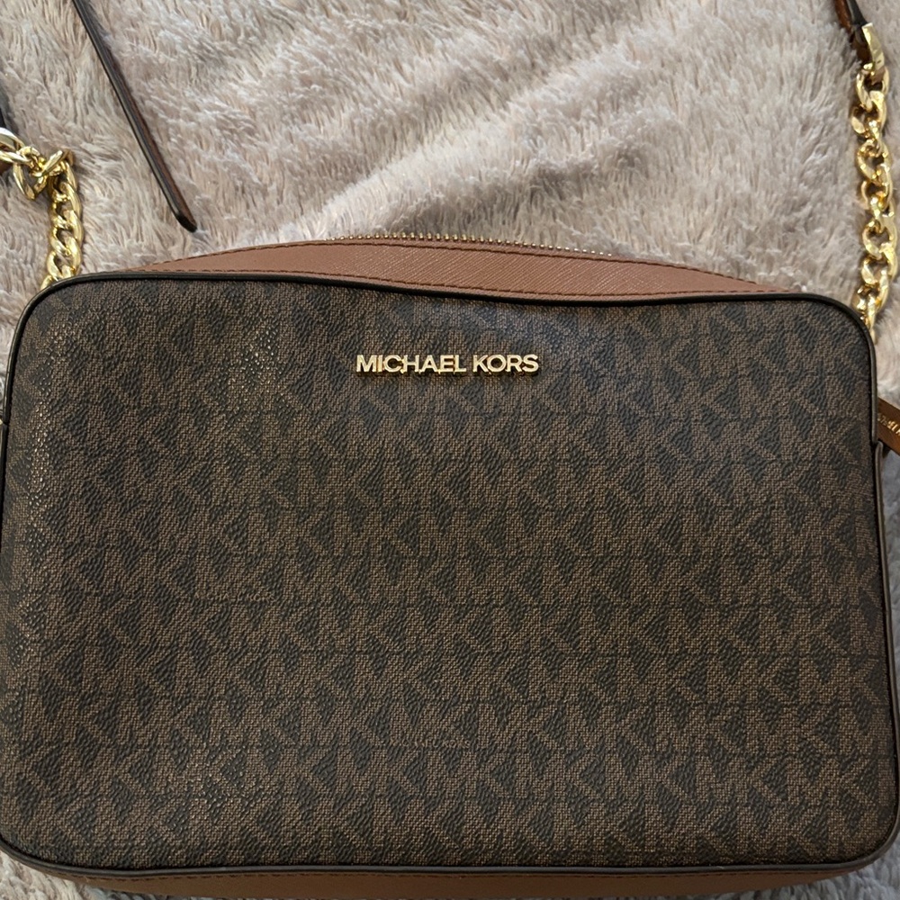 Michael Kors Dark Brown Messenger Bag with Gold Accents